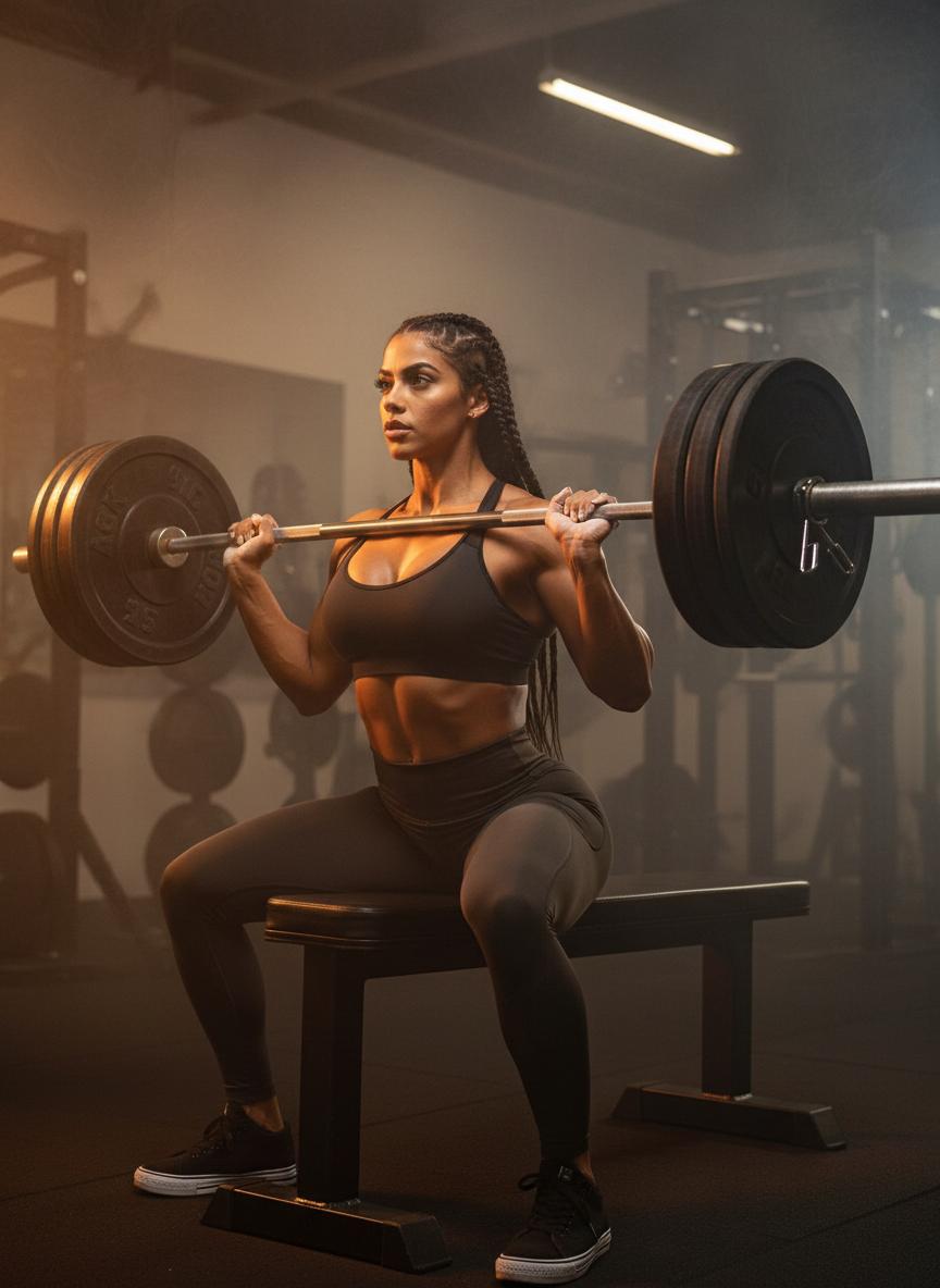 Hazel performing a heavy barbell squat in a smoky gym.