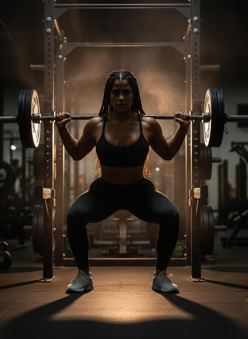 Hazel at the bottom of a heavy barbell squat in a dark gym.