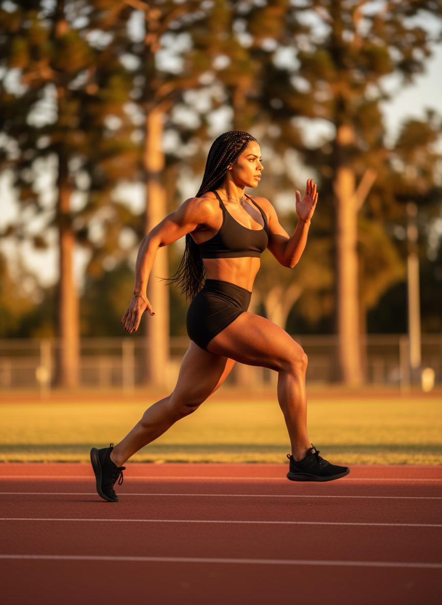 Hazel mid-stride running on an outdoor track at golden hour.
