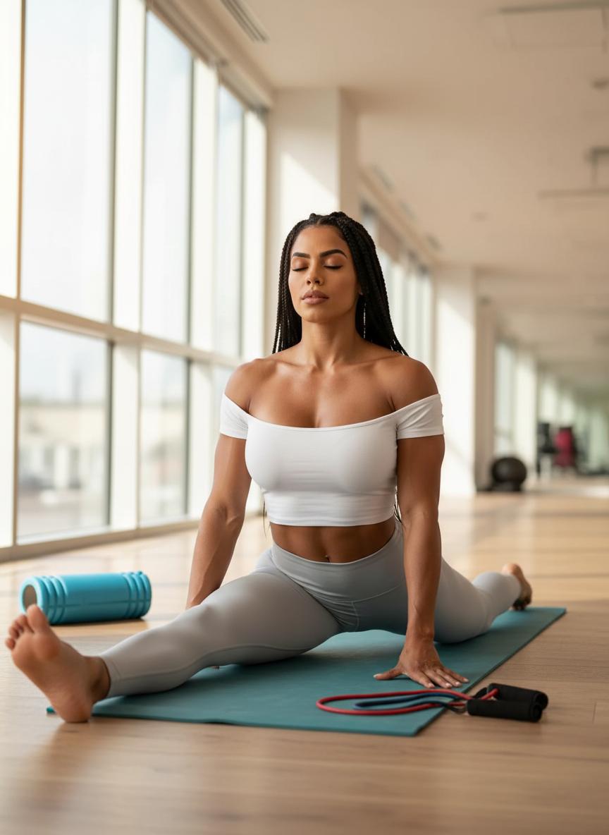 Hazel stretching on a yoga mat as part of her warm-up.