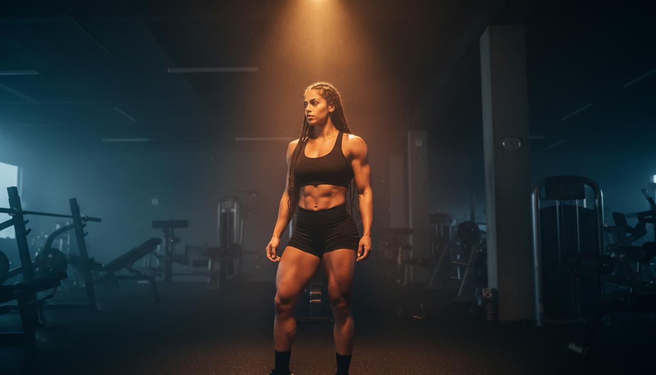 Hazel standing in a darkened gym, warm overhead light catching her physique. AI-generated virtual fitness persona.
