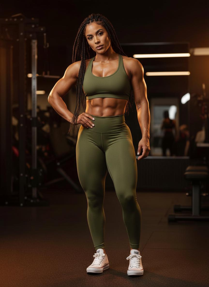 Hazel in gym wear demonstrating squat form.