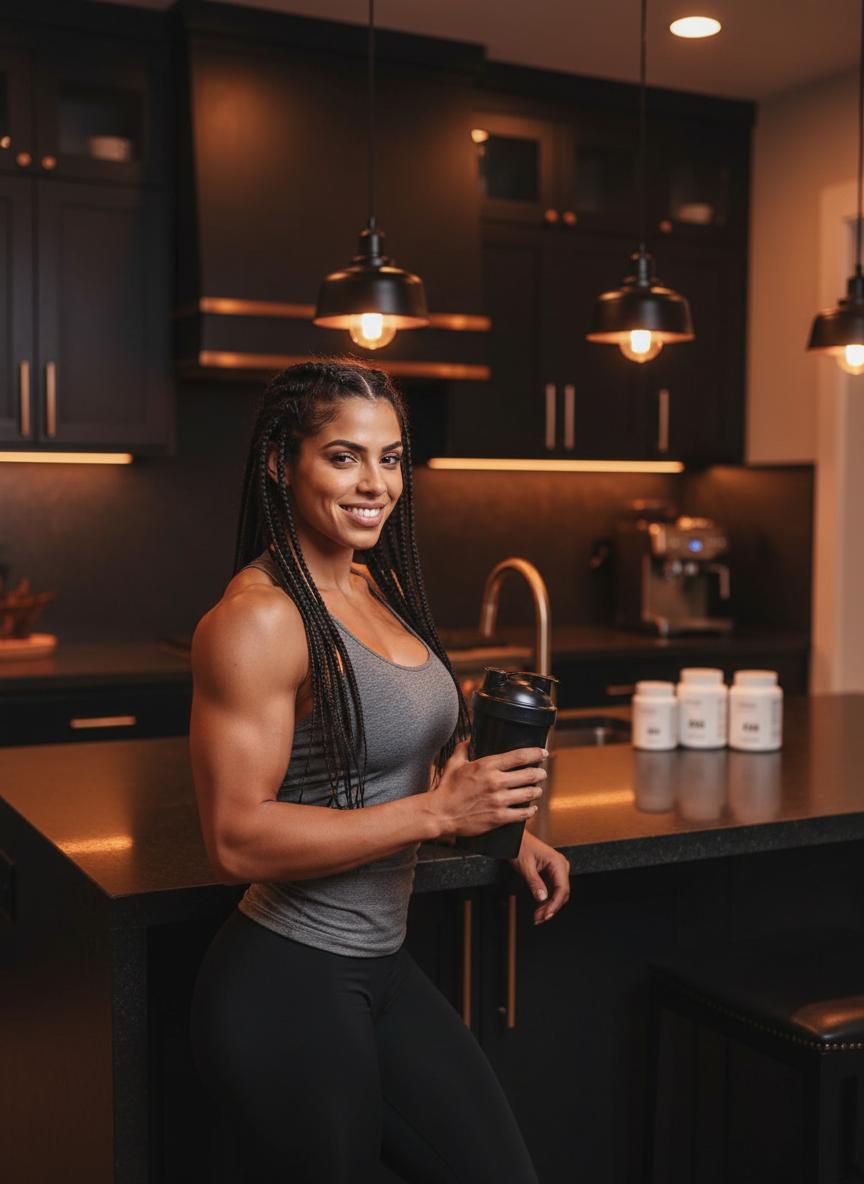 Hazel at home in the kitchen holding a protein shaker.