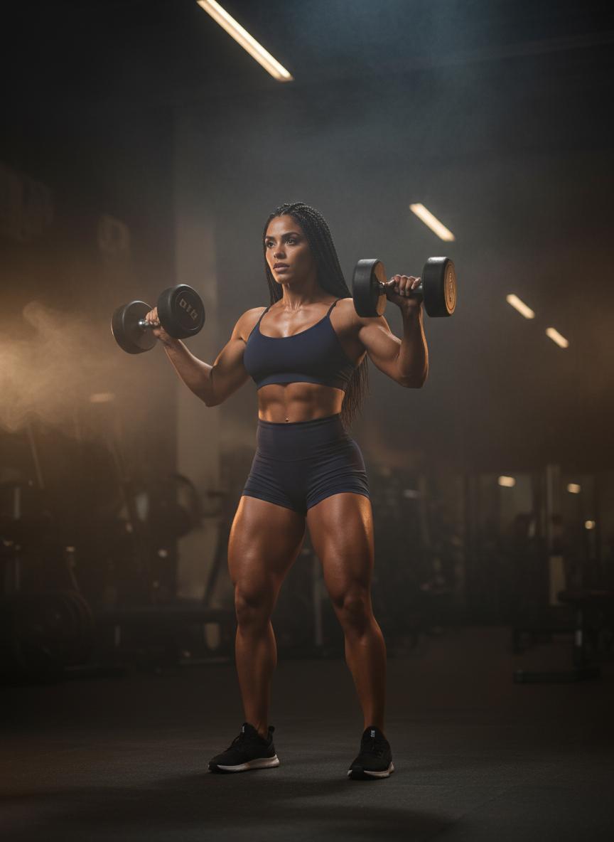 Hazel performing a dumbbell overhead press in a dark gym.